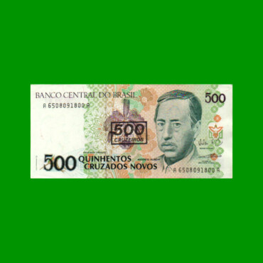 BILLETE DE BRASIL 500 CRUZADOS NOVOS RESELLADO 500 CRUZEIROS, PICK 226b, AÑO 1990, ESTADO EXCELENTE+ .-