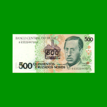 BILLETE DE BRASIL 500 CRUZADOS NOVOS RESELLADO 500 CRUZEIROS, PICK 226b, AÑO 1990, ESTADO SIN CIRCULAR.-
