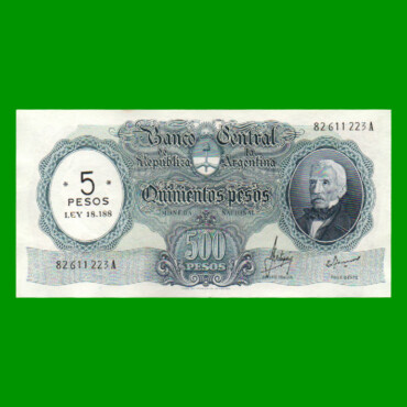 MONEDA NACIONAL $500,00 RESELLADO A $5,00 PESOS LEY 18.188, BOT 2208, AÑO 1970, ESTADO EXCELENTE.-