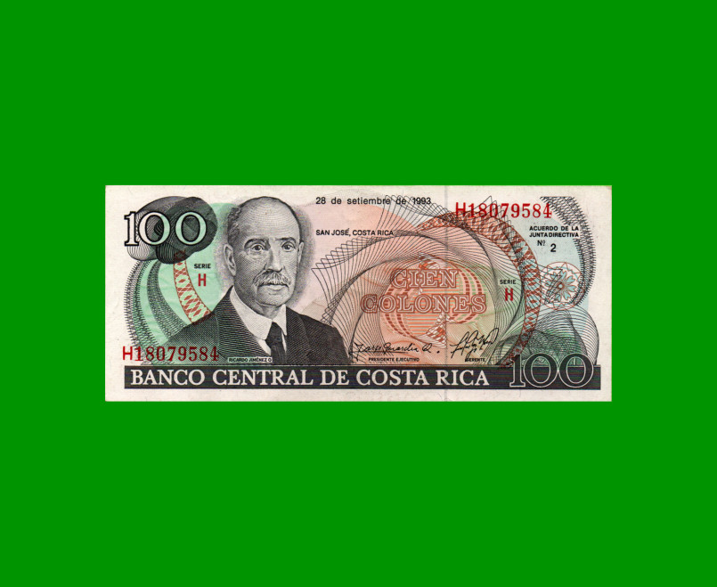 BILLETE DE COSTA RICA 100 COLONES, PICK 261, AÑO 1993, ESTADO EXCELENTE+ .-