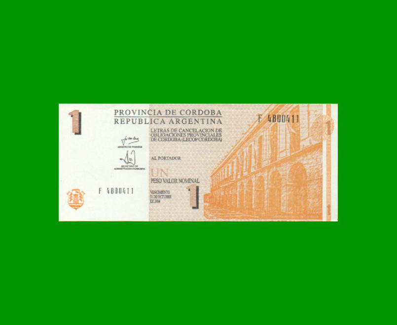 BONO DE CORDOBA $ 1,00, EC 277, AÑO 2002, SERIE F, ESTADO SIN CIRCULAR.-