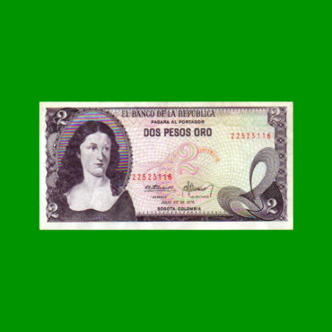 BILLETE DE COLOMBIA $ 2,00, PICK 413b, AÑO 1976, ESTADO EXCELENTE.-