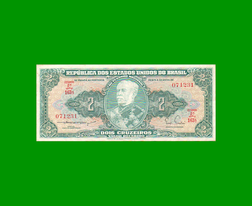 BILLETE DE BRASIL 2 CRUZEIROS, PICK 157a, AÑO 1955, ESTADO MUY BUENO+ .-