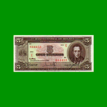 BILLETE DE BOLIVIA 5 BOLIVIANOS, PICK 138a, AÑO 1945, ESTADO SIN CIRCULAR.-