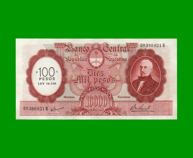 MONEDA NACIONAL $10.000,00 RESELLADO A $100,00 PESOS LEY 18.188, BOT 2220, AÑO 1969, ESTADO EXCELENTE.-