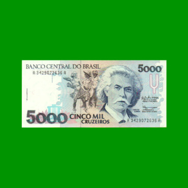 BILLETE DE BRASIL 5.000 CRUZEIROS, PICK 232a, AÑO 1990, ESTADO SIN CIRCULAR.-