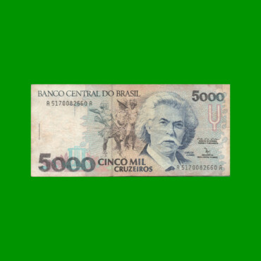 BILLETE DE BRASIL 5.000 CRUZEIROS, PICK 232b, AÑO 1992, ESTADO MUY BUENO- .-