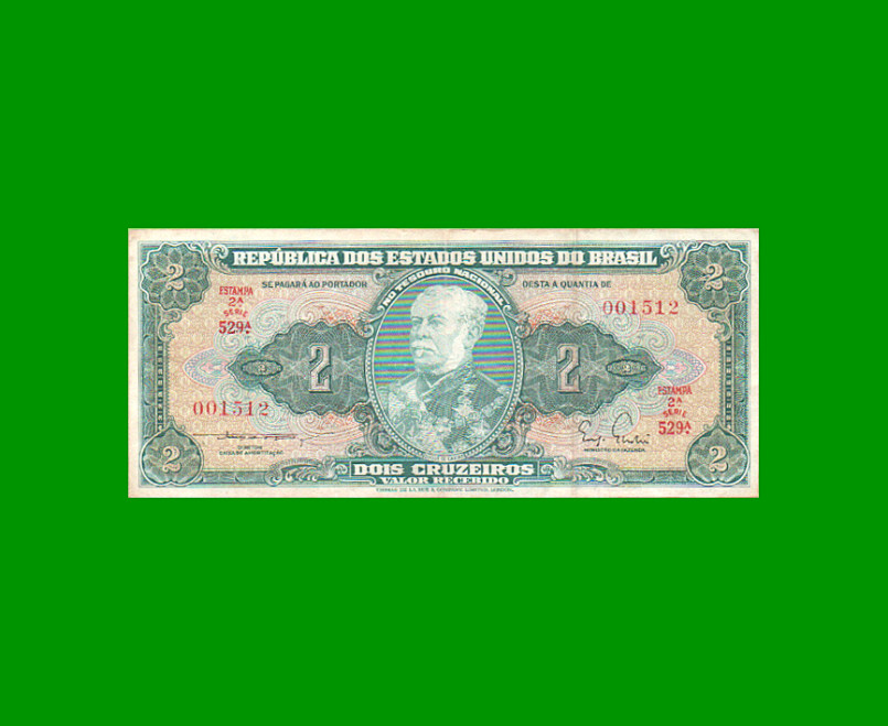 BILLETE DE BRASIL 2 CRUZEIROS, PICK 157b, AÑO 1956, ESTADO MUY BUENO.-