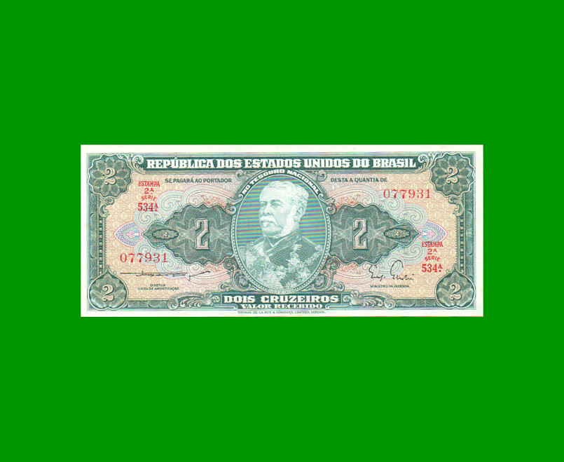 BILLETE DE BRASIL 2 CRUZEIROS, PICK 157b, AÑO 1956, ESTADO EXCELENTE+ .-