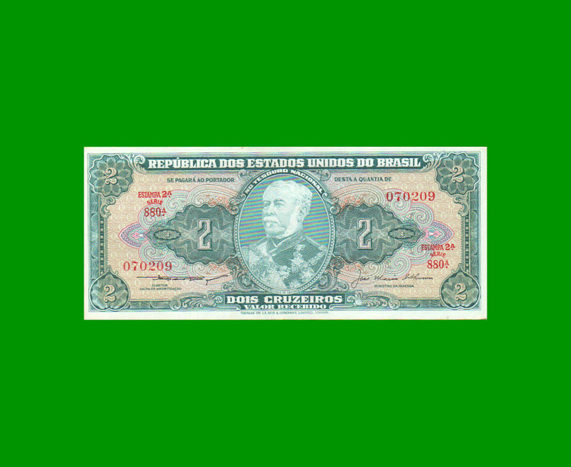 BILLETE DE BRASIL 2 CRUZEIROS, PICK 157c, AÑO 1956, ESTADO EXCELENTE+ .-