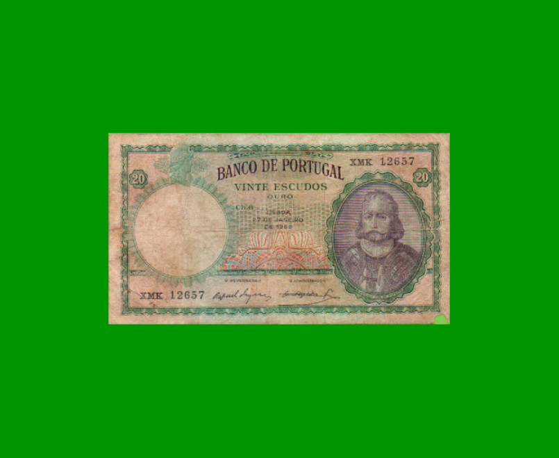 BILLETE DE PORTUGAL 20 ESCUDOS, PICK 153b, AÑO 1959 ESTADO BUENO.-