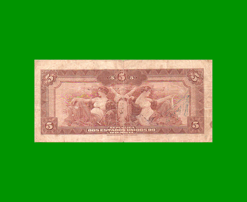 BILLETE DE BRASIL 5 MIL RIES, PICK 29b, AÑO 1936, ESTADO MUY BUENO- .- - Imagen 2