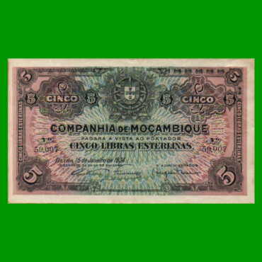 BILLETE DE MOZAMBIQUE 5 LIBRAS ESTERLINAS, PICK R32, AÑO 1934 ESTADO MUY BUENO+ .-