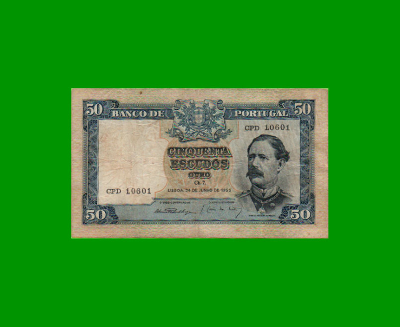 BILLETE DE PORTUGAL 50 ESCUDOS, PICK 160, AÑO 1955, ESTADO MUY BUENO.-