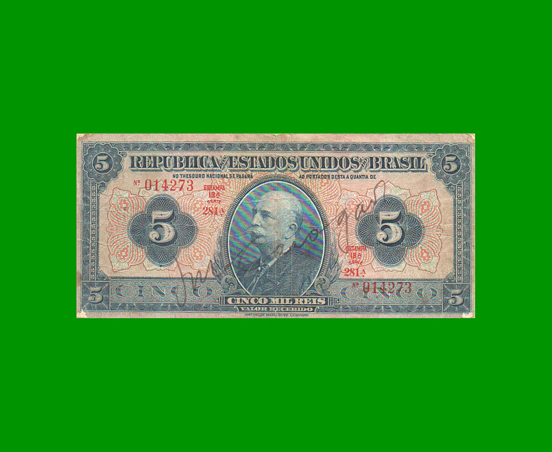 BILLETE DE BRASIL 5 MIL RIES, PICK 29b, AÑO 1936, ESTADO MUY BUENO- .-