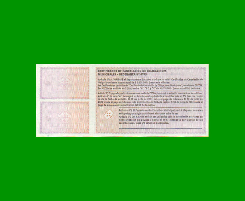 BONO MUNICIPALIDAD DE SAN FRANCISCO $ 5,00, AÑO 2001, SERIE A, ESTADO SIN CIRCULAR.- - Imagen 2