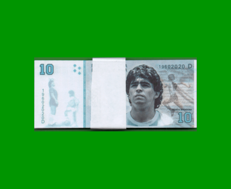 FAJO DE BILLETES DE DIEGO MARADONA, $10,00, AÑO 2020, FANTASIA, ESTADO SIN CIRCULAR.-