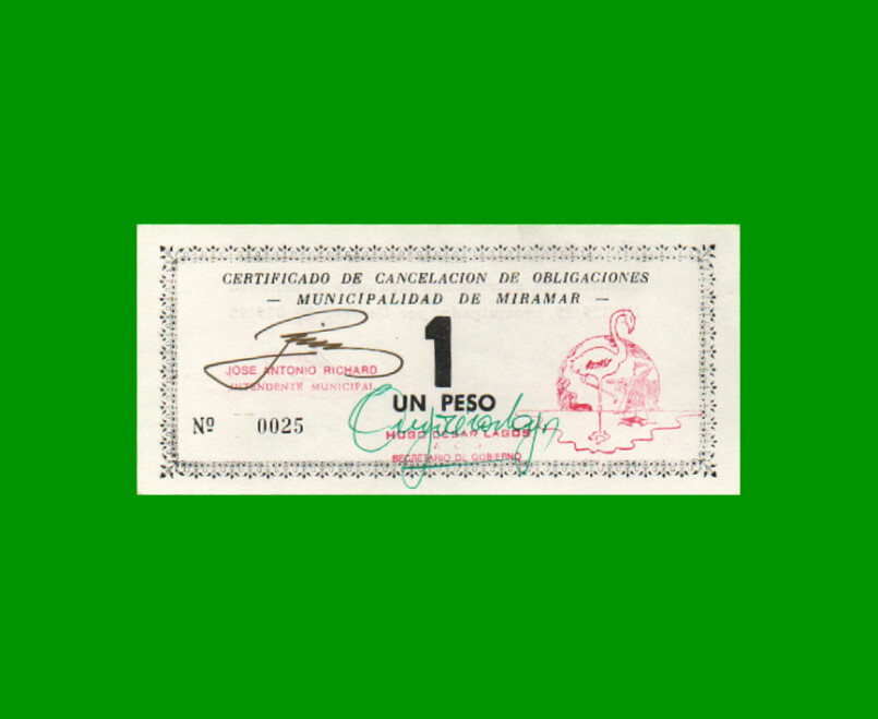 BONO MUNICIPALIDAD DE MIRAMAR DE ANSENUZA $ 1,00, AÑO EMISION 10/08/1995, ESTADO SIN CIRCULAR.-