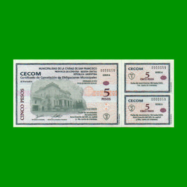 BONO MUNICIPALIDAD DE SAN FRANCISCO $ 5,00, AÑO 2001, SERIE A, ESTADO SIN CIRCULAR.-