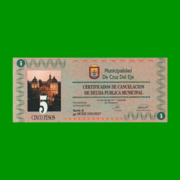 BONO MUNICIPALIDAD DE CRUZ DEL EJE $ 5,00, AÑO 1996, SERIE A, ESTADO SIN CIRCULAR.-