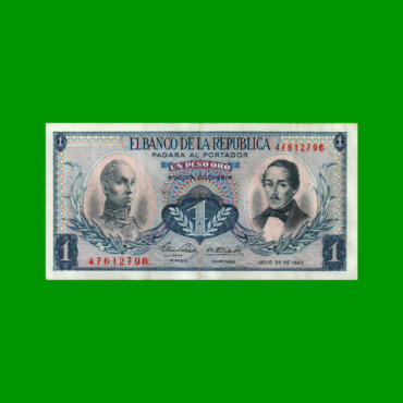BILLETE DE COLOMBIA $ 1,00, PICK 404d, AÑO 1967, ESTADO EXCELENTE- .-
