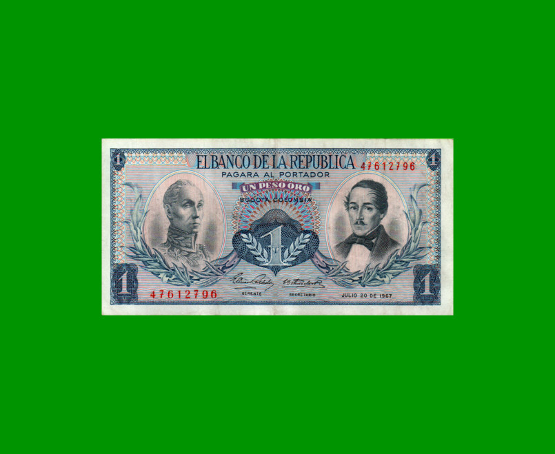 BILLETE DE COLOMBIA $ 1,00, PICK 404d, AÑO 1967, ESTADO EXCELENTE- .-