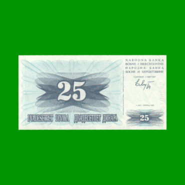 BILLETE DE BOSNIA - HERZEGOVINA 25 DINARA, PICK 11, AÑO 1992, ESTADO SIN CIRCULAR.-