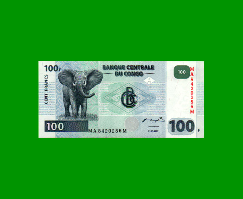 BILLETE DE CONGO 100 FRANCOS, PICK 92, AÑO 2000, ESTADO SIN CIRCULAR.-