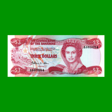 BILLETE DE BAHAMAS 3 DOLARES, PICK 44a, AÑO 1984, ESTADO SIN CIRCULAR.-
