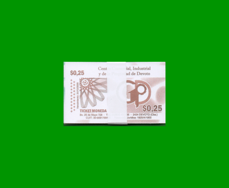 FAJO DE BILLETES TICKET MONEDA DEVOTO PCIA. DE CBA., 0,25 CTVOS, ESTADO SIN CIRCULAR.-