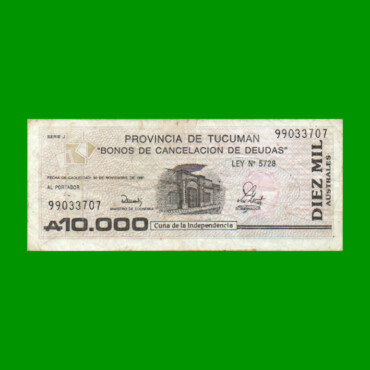 BONO REPOSICION DE TUCUMAN 10.000 AUSTRALES, EC 133R, ESTADO BUENO+ .-