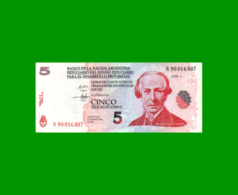 BONO REPOSICION NACIONAL LECOP $ 5,00, EC 202R, ESTADO EXCELENTE- .-