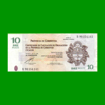 BONO REPOSICION DE CORRIENTES $ 10,00, EC 319R, ESTADO MUY BUENO- .-