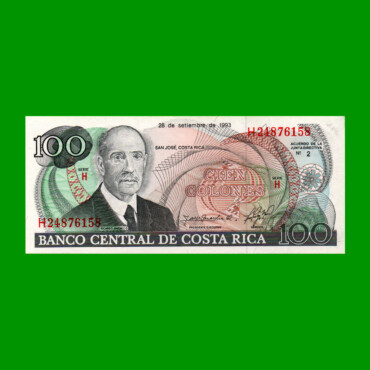 BILLETE DE COSTA RICA 100 COLONES, PICK 261, AÑO 1993, ESTADO SIN CIRCULAR.-