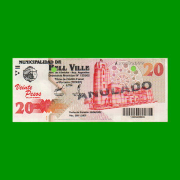 BONO MUNICIPALIDAD DE BELL VILLE $20,00, AÑO 2002/2003, ESTADO EXCELENTE.-