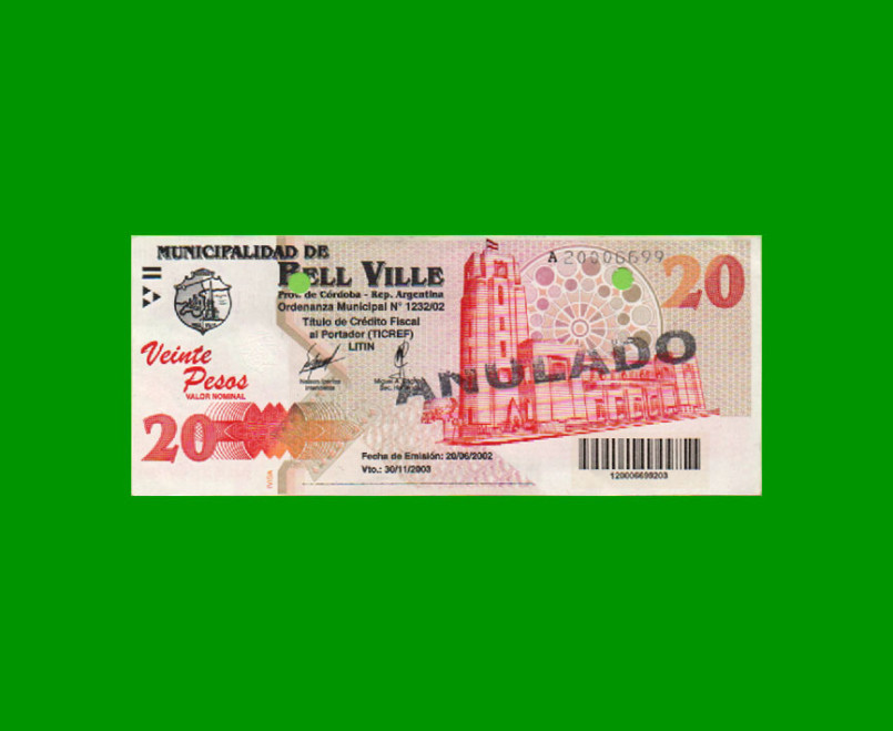 BONO MUNICIPALIDAD DE BELL VILLE $20,00, AÑO 2002/2003, ESTADO EXCELENTE.-