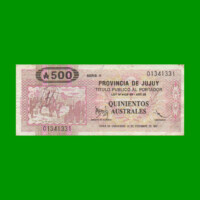 BONO DE JUJUY 500 AUSTRALES, EC 019, AÑO 1989, ESTADO MUY BUENO.-