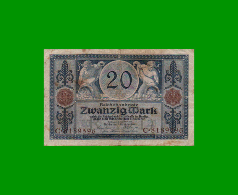 BILLETE DE ALEMANIA 20 MARCOS, PICK 63, AÑO 1915, ESTADO BUENO+ .-