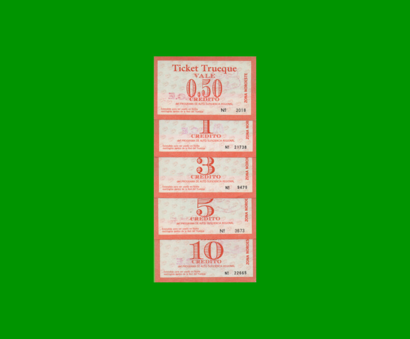 SET DE 5 BONOS TICKET TRUEQUE, ZONA NOROESTE, 0,5; 1; 3; 5; Y 10 CREDITOS, MG 305; 306; 308 a 310, ESTADO MB+ a S/ C.-