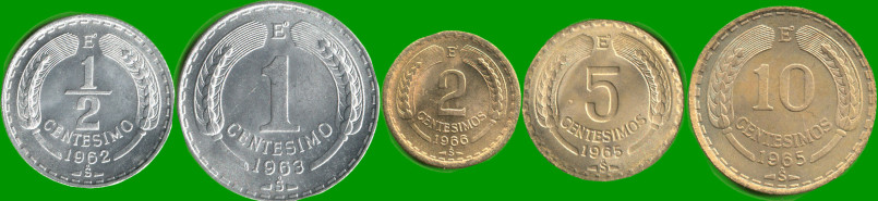 CHILE SET DE CINCO MONEDAS 1/2, 1, 2, 5 Y 10 CENTIMOS, AÑO 1962/ 1965, ESTADO NUEVAS.-