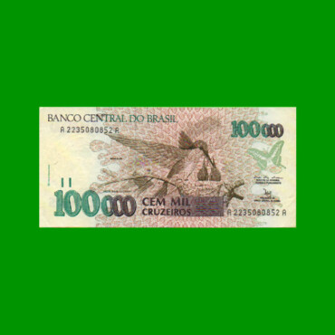 BILLETE DE BRASIL 100.000 CRUZEIROS, PICK 235a, AÑO 1992, ESTADO EXCELENTE- .-