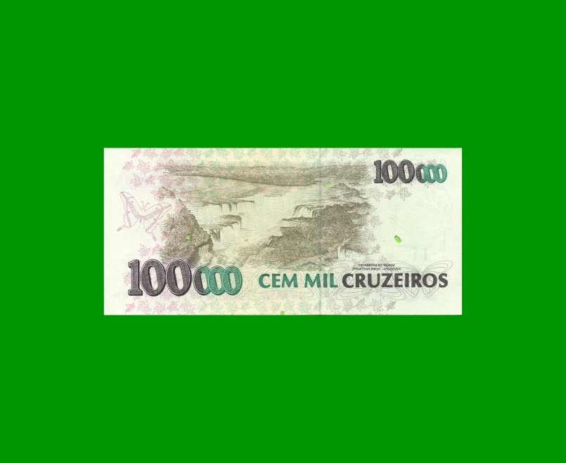 BILLETE DE BRASIL 100.000 CRUZEIROS RESELLADO 100 CRUZEIROS REALES, PICK 238, AÑO 1993, ESTADO EXCELENTE.- - Imagen 2