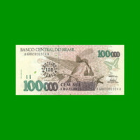 BILLETE DE BRASIL 100.000 CRUZEIROS RESELLADO 100 CRUZEIROS REALES, PICK 238, AÑO 1993, ESTADO EXCELENTE.-