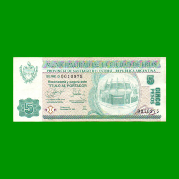 BONO DE LA MUNICIPALIDAD DE FRIAS $5,00, SERIE G, AÑO 2001, ESTADO MUY BUENO.-