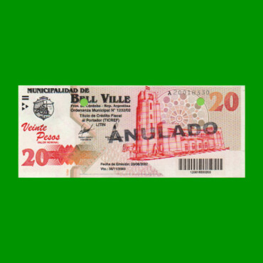 BONO MUNICIPALIDAD DE BELL VILLE $20,00, AÑO 2002/2003, ESTADO EXCELENTE+ .-
