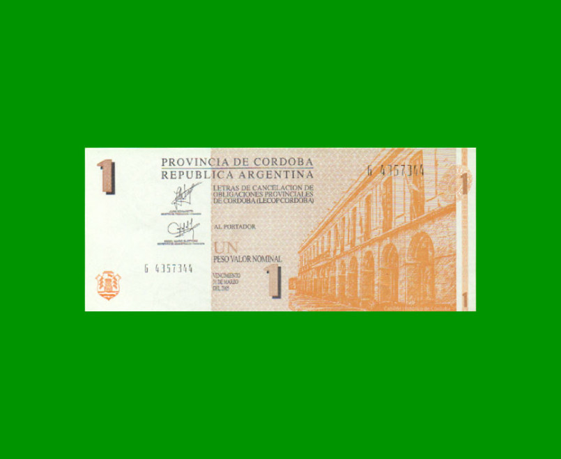 BONO DE CORDOBA $ 1,00, EC 278, AÑO 2002, SERIE G, ESTADO EXCELENTE+ .-