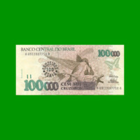 BILLETE DE BRASIL 100.000 CRUZEIROS RESELLADO 100 CRUZEIROS REALES, PICK 238, AÑO 1993, ESTADO EXCELENTE.-