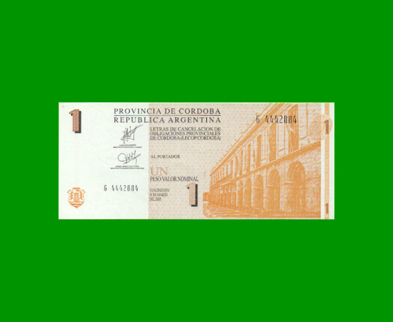 BONO DE CORDOBA $ 1,00, EC 278, AÑO 2002, SERIE G, ESTADO SIN CIRCULAR.-