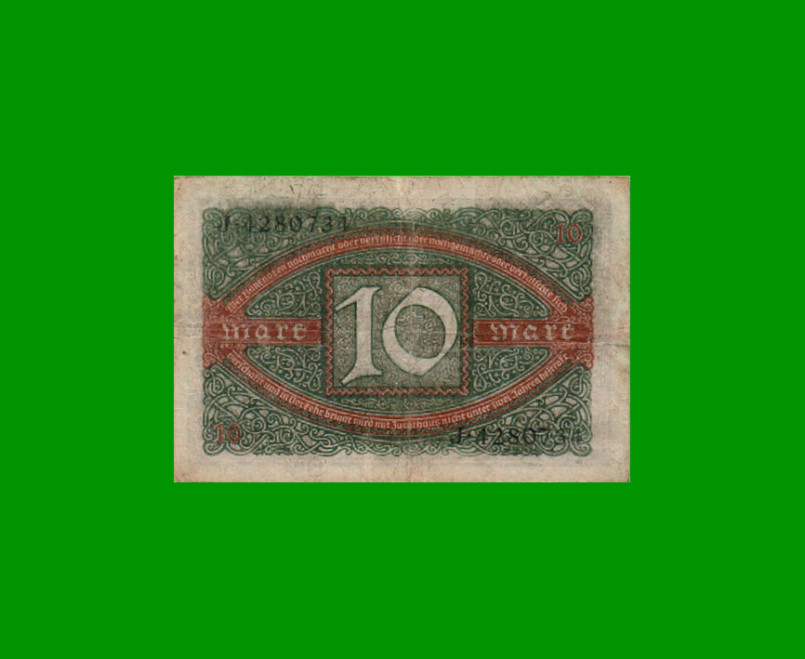 BILLETE DE ALEMANIA 10 MARCOS, PICK 67a, AÑO 1920, ESTADO BUENO+ .- - Imagen 2