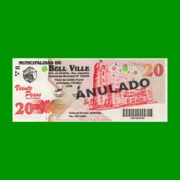 BONO MUNICIPALIDAD DE BELL VILLE $20,00, AÑO 2002/2003, ESTADO SIN CIRCULAR.-